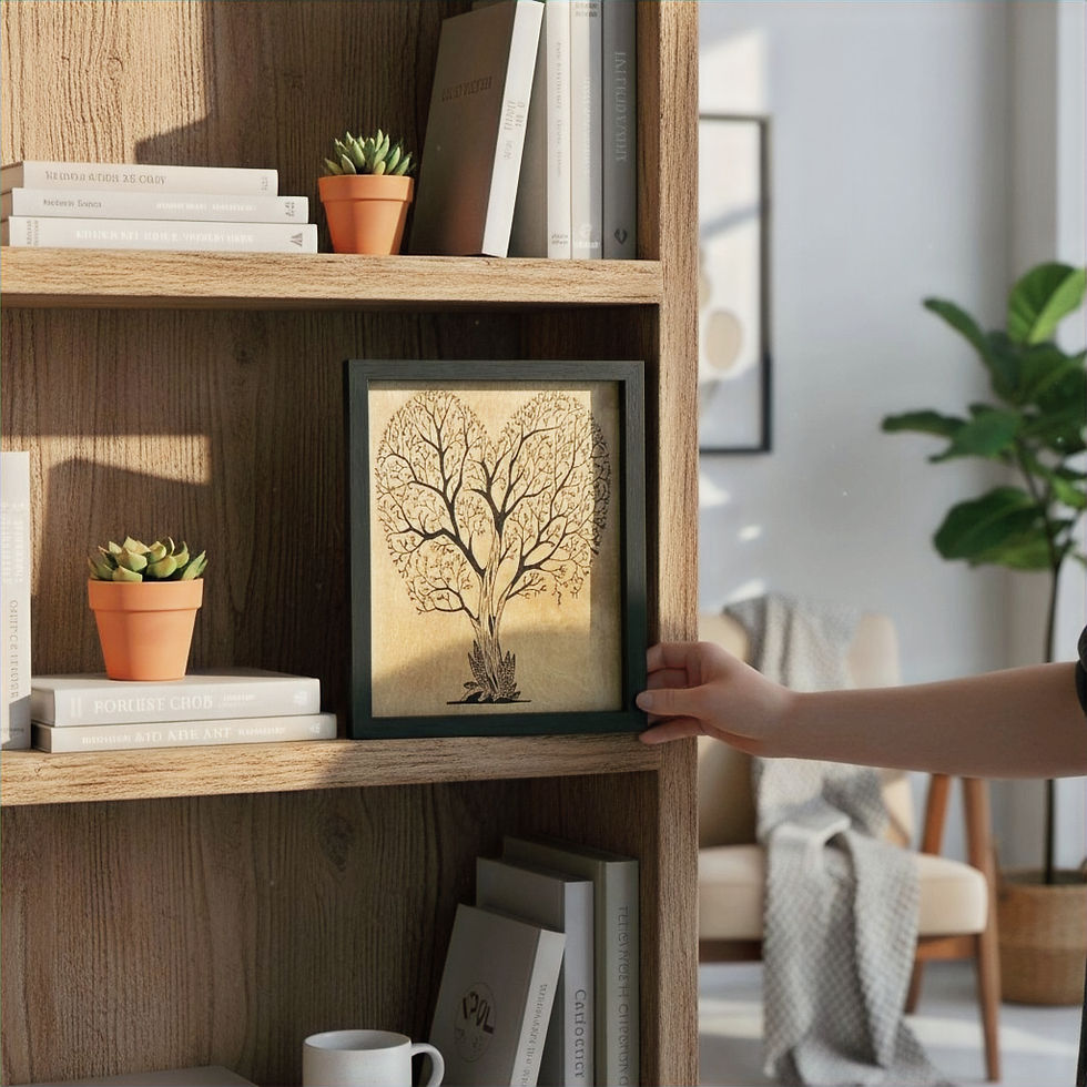 Thumbnail: Wood-burned 8x10 birch Tree of Life design shaped like a heart, framed and stained, symbolizing love, family, and growth.