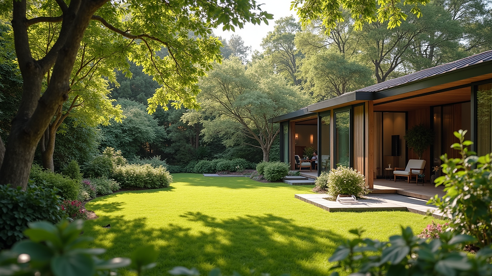 Wide angle view of a peaceful backyard at a sober living residence