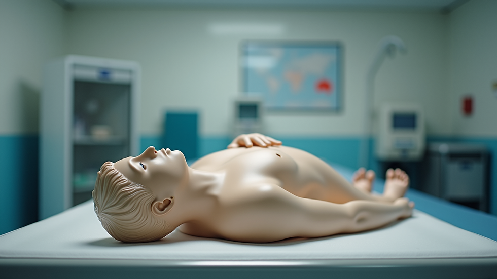 Eye-level view of a CPR training mannequin on a table
