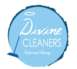 Divine cleaners logo. The logo is composed with a broom in dark blue over a light blue background