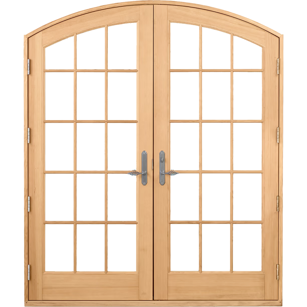 Arched wooden double doors with glass grilles