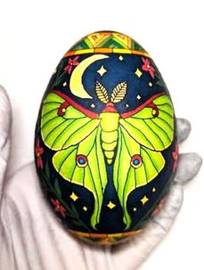 Beautiful batik egg featuring a luna moth