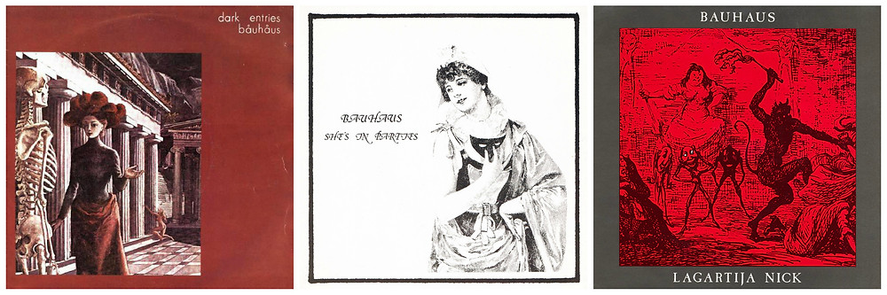 Cover art for Bauhaus - "Dark Entries", "She's In Parties" and "Lagartija Nick" singles.