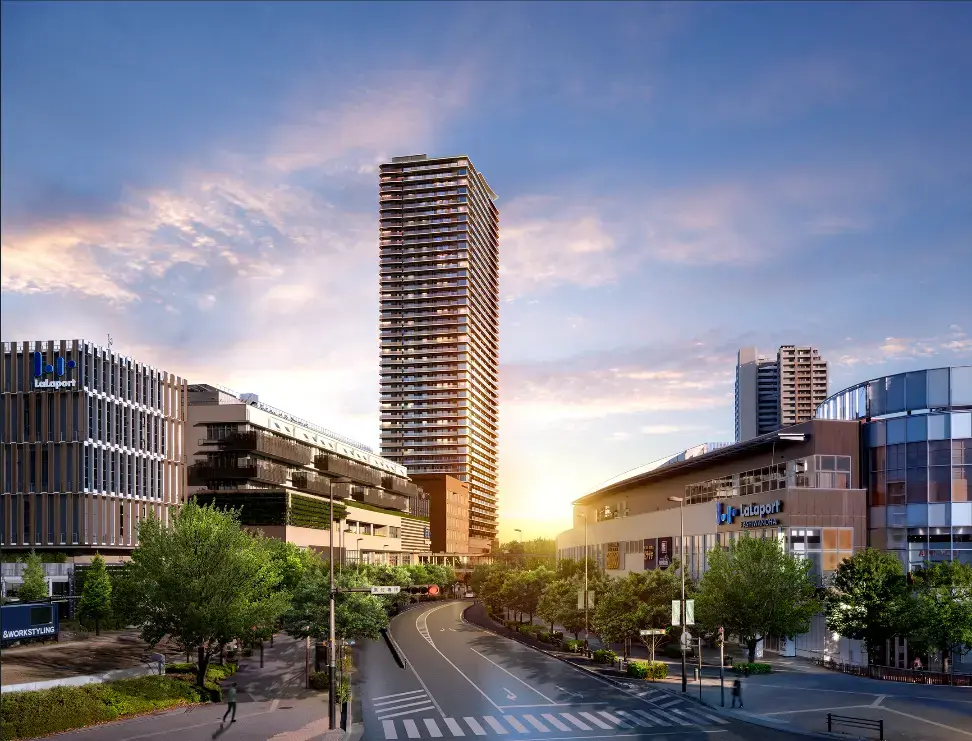 Finished exterior CG rendering with LaLaport shopping center in foreground.