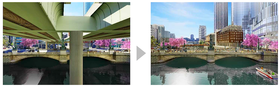 左:現状の日本橋上空の高速道路、右:完成後の地下高速道路(