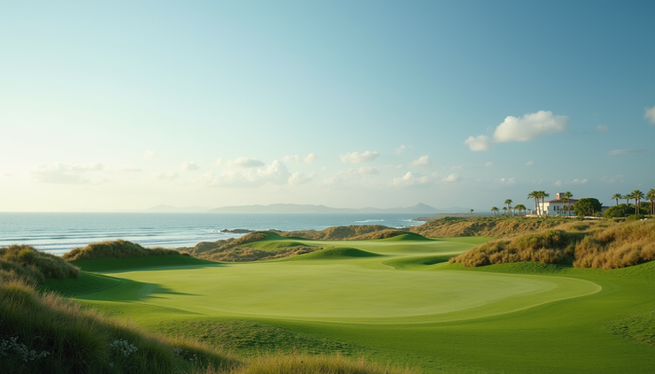 Weitwinkelaufnahme des Verdura Resort Golfplatzes mit Blick auf das Meer und die gepflegten Fairways