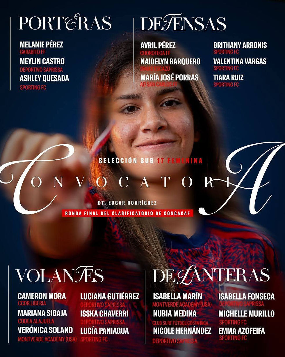 Convocatoria de la Selección sub-17 Femenina para los juegos aquí en Costa Rica.🇨🇷🇨🇷
