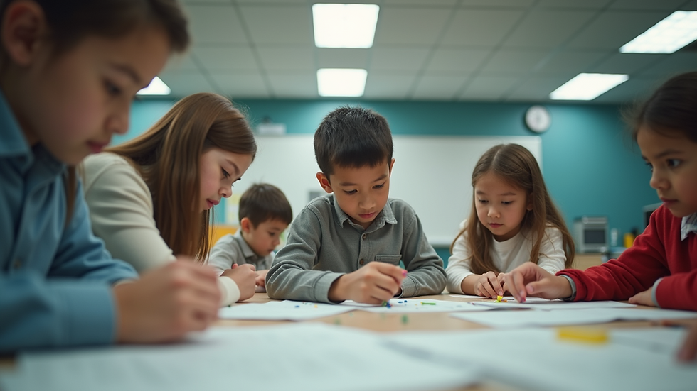 Eye-level view of a classroom with students engaged in a STEM project