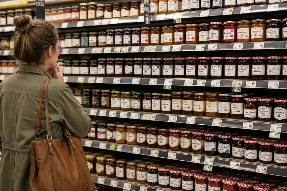 A shopper studies a large selection of jams in a grocery store, illustrating choice overload and decision fatigue