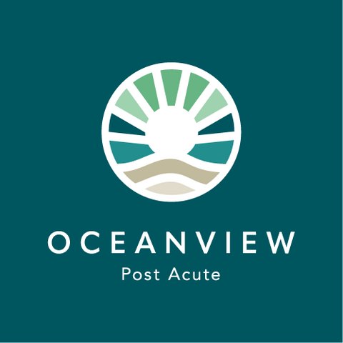 Letter O Logo with sun rays, ocean, and sand for OceanView Post Acute Care Center in Monterey, California.