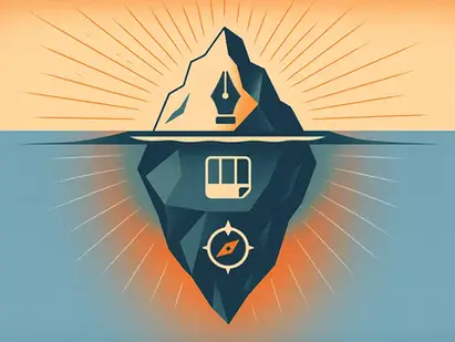 Stylized iceberg illustration in navy and orange: a pen-nib icon at the tip above water (logo), a swatch-book icon in the middle (brand identity), and a compass icon at the deep base (brand strategy)