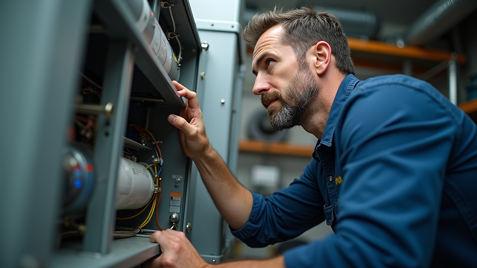 Eye-level view of a professional HVAC technician inspecting a heating unit
