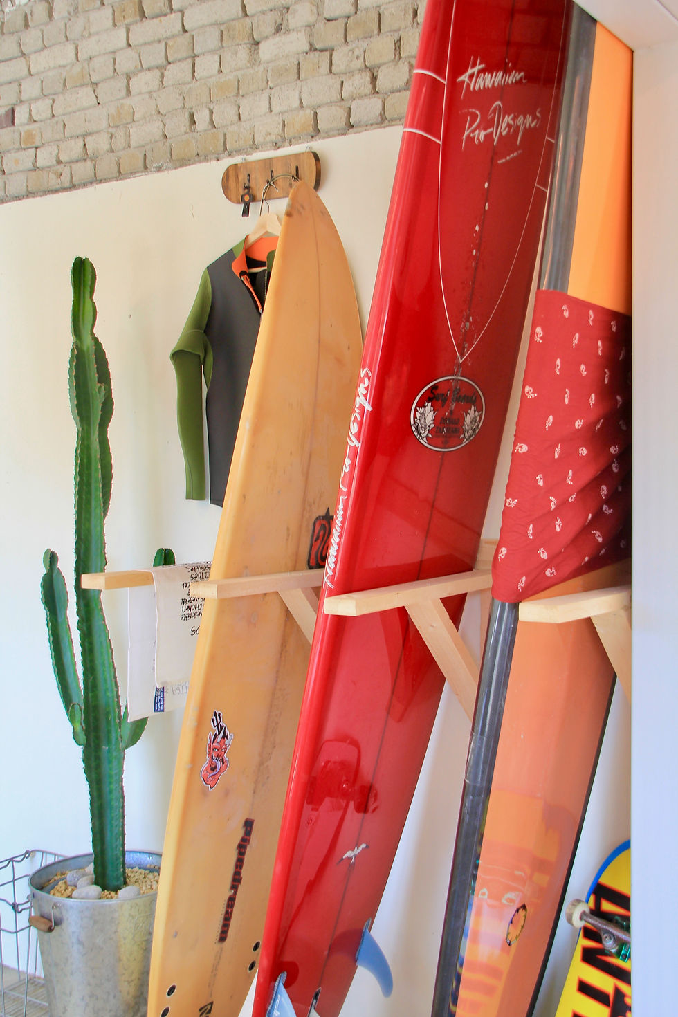 indoor decor at Everyday's Another Holiday, surfboards