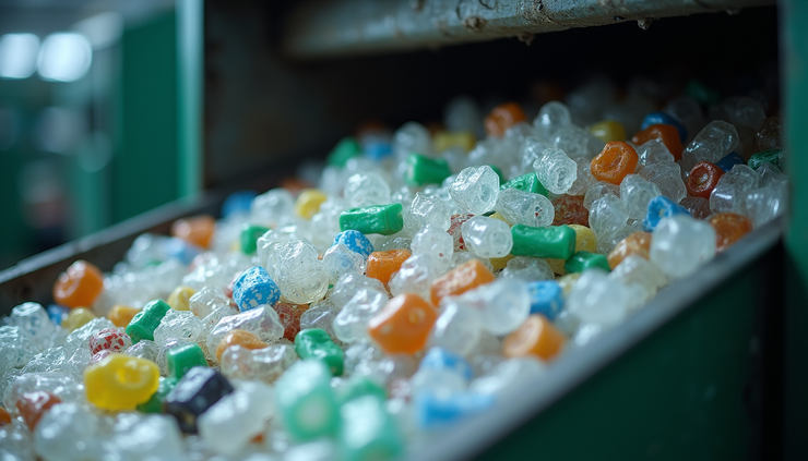 Close-up view of plastic waste being processed in an industrial recycling machine