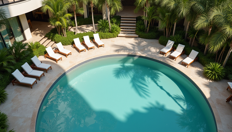 High angle view of a luxury hotel pool area with sun loungers and tropical plants