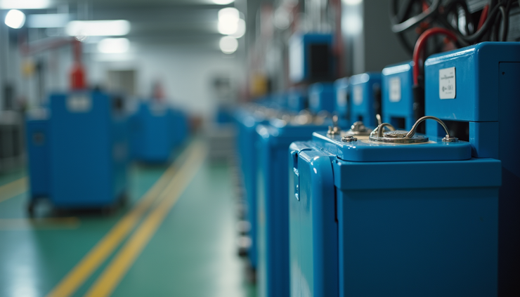 Close-up view of lithium-ion battery recycling facility with modular equipment