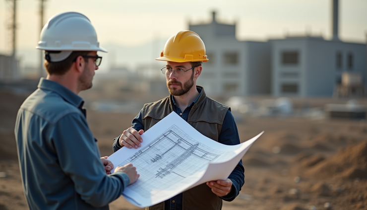High angle view of engineers reviewing construction drawings on site