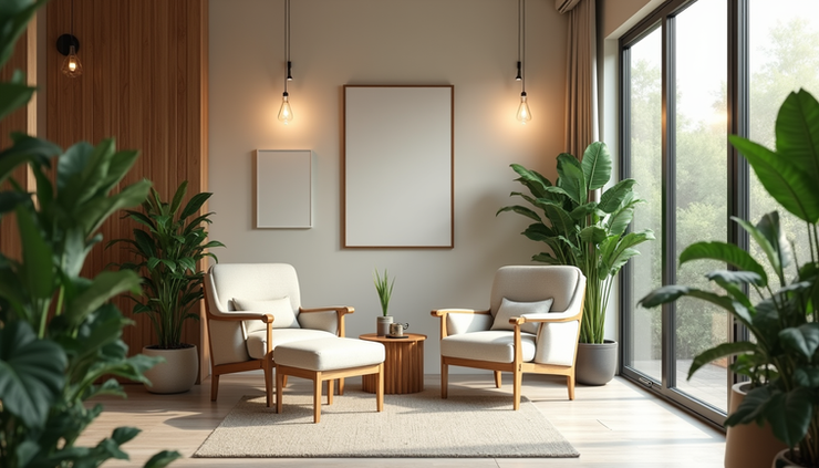 High angle view of a quiet relaxation room with plants and comfortable seating designed for employee mental breaks