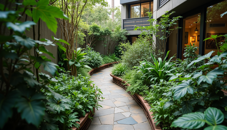 High angle view of a thriving urban garden with diverse plants