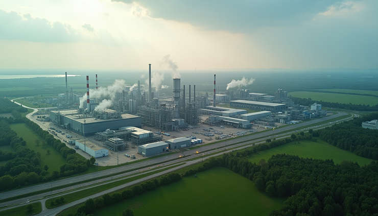 Eye-level view of eco-industrial park with interconnected factories and green spaces