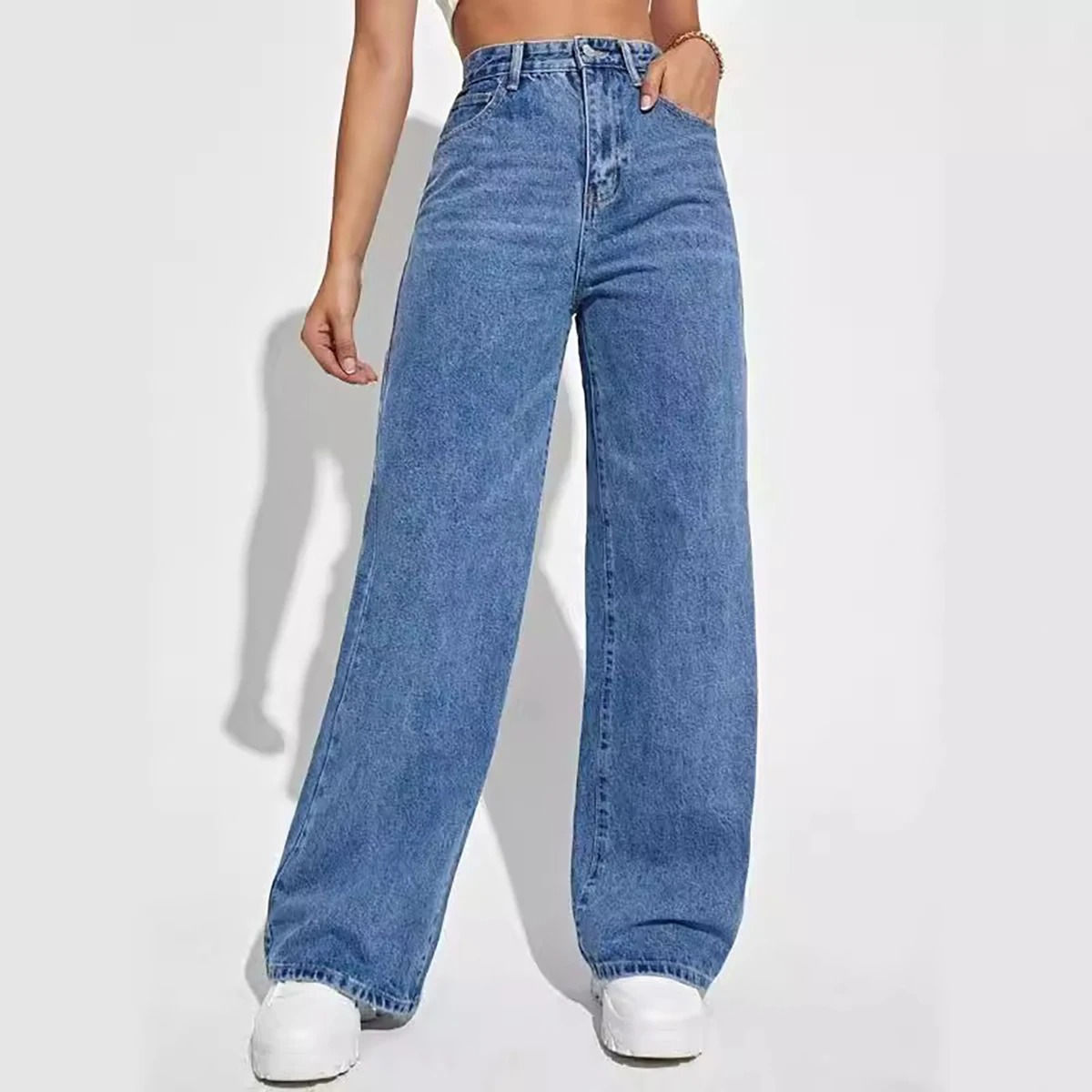 Calça jeans feminina retrô azul estilo anos 2000, calça reta folgada de cintu