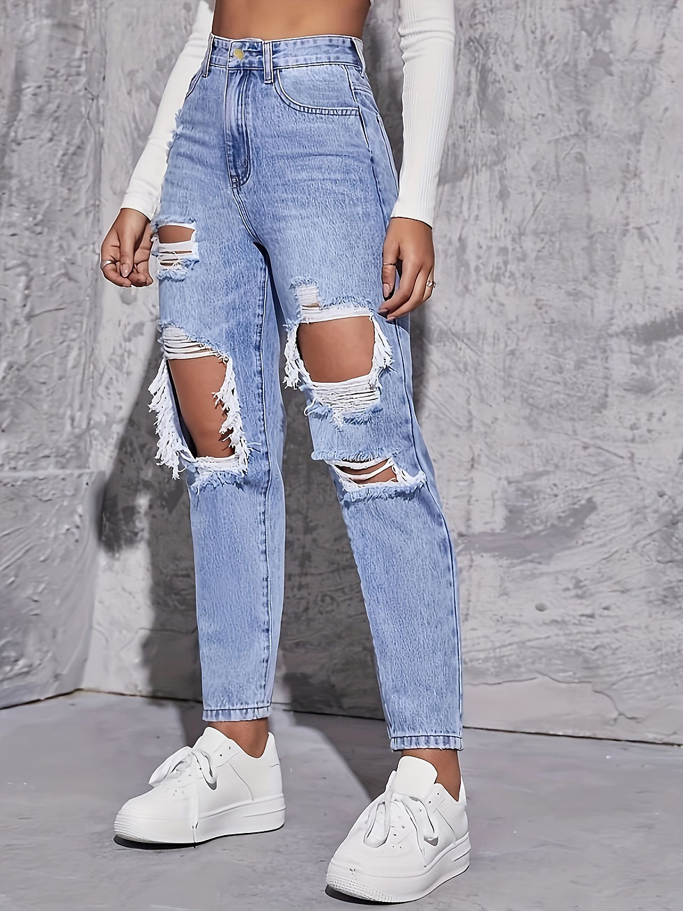 Miniatura: Calça jeans feminina retrô americana com furos, cintura alta, gancho reto, mod