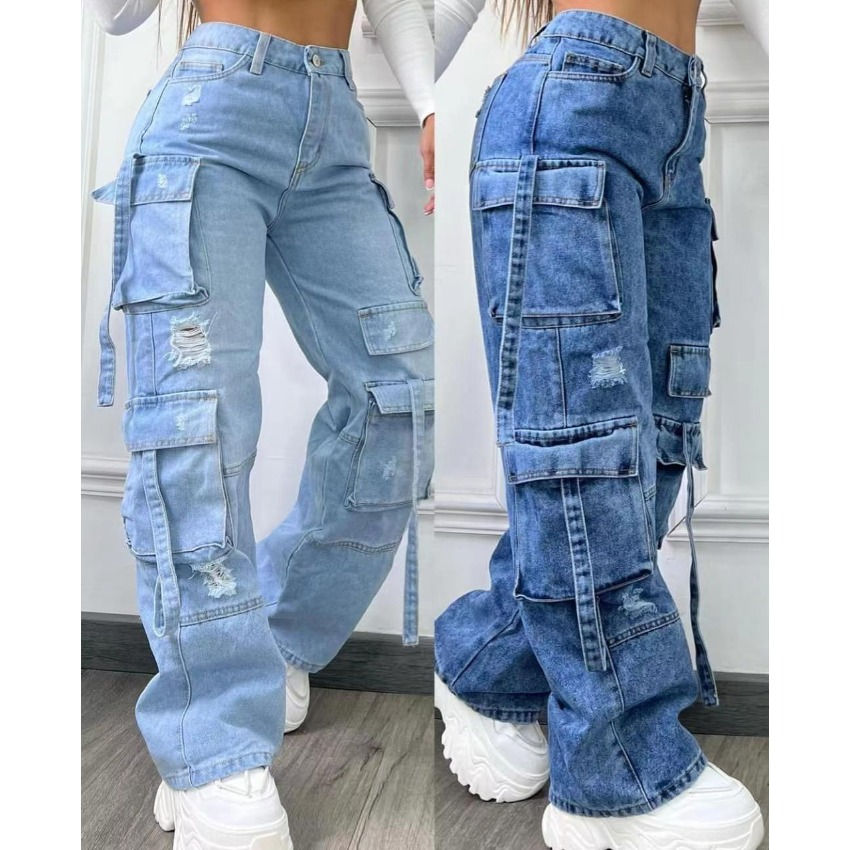 Miniatura: Calça jeans feminina de cintura alta com vários bolsos, modelo cargo, cor sól