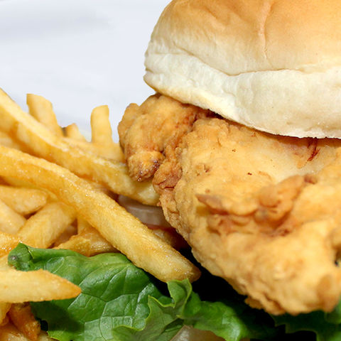 breaded chicken sandwich, fries, french fries, bun