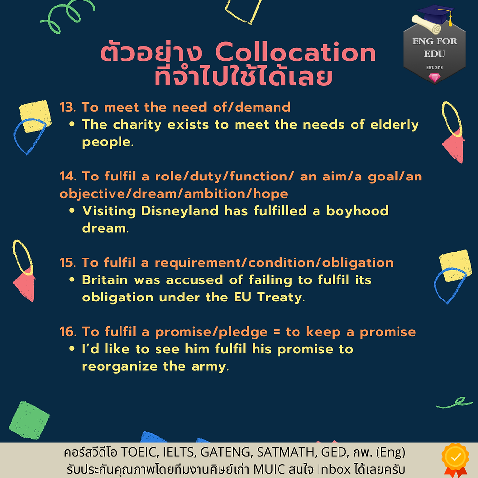 13. To meet the need of/demand The charity exists to meet the needs of elderly people. 14. To fulfil a role/duty/function/ an aim/a goal/an objective/dream/ambition/hope Visiting Disneyland has fulfilled a boyhood dream. 15. To fulfil a requirement/condition/obligation Britain was accused of failing to fulfil its obligation under the EU Treaty. 16. To fulfil a promise/pledge = to keep a promise I’d like to see him fulfil his promise to reorganize the army.