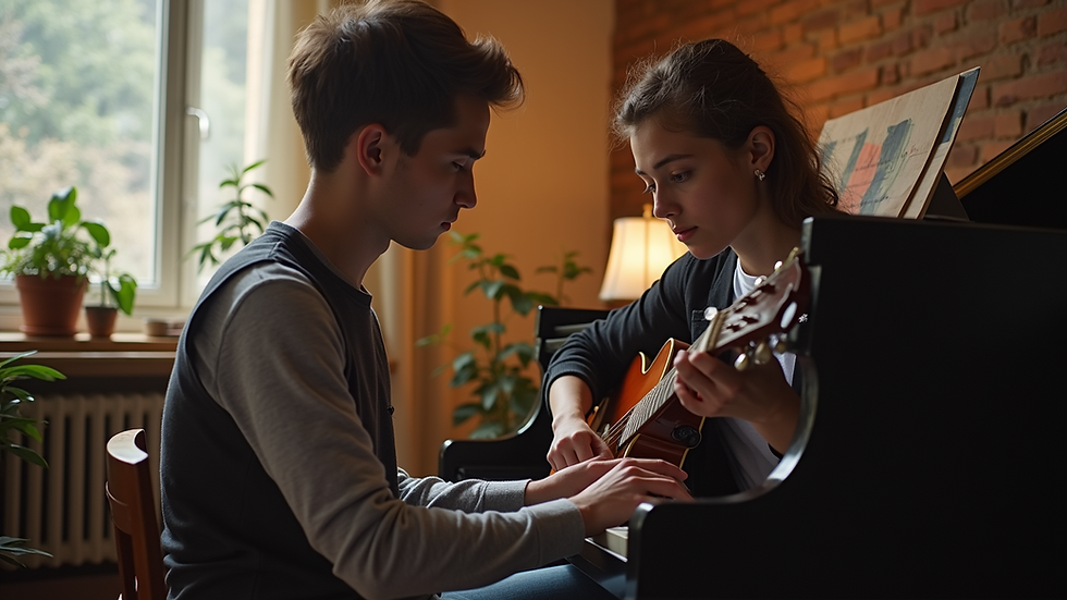 Eye-level view of a music tutor teaching a student in a cozy studio