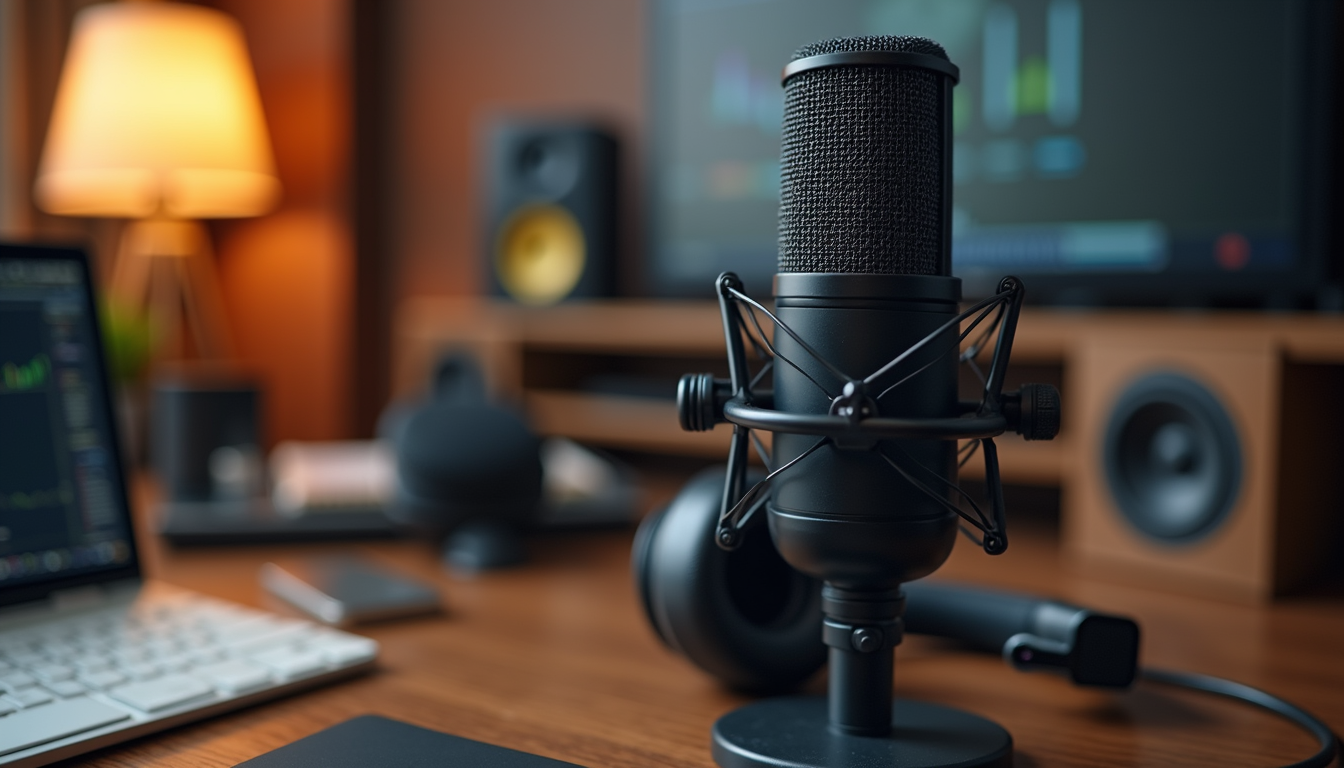 Close-up view of a podcast microphone and headphones on a desk in a studio