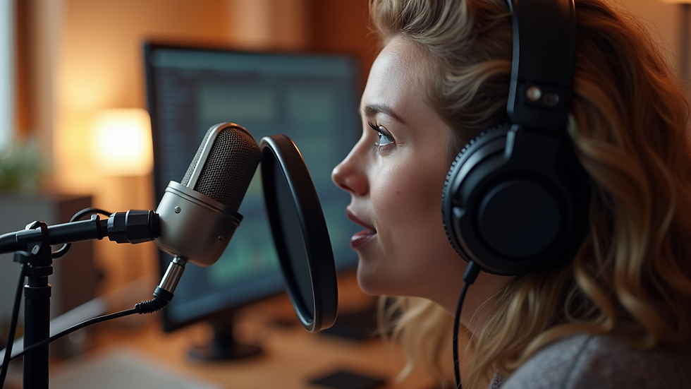Close-up view of a podcast recording setup with microphone and headphones