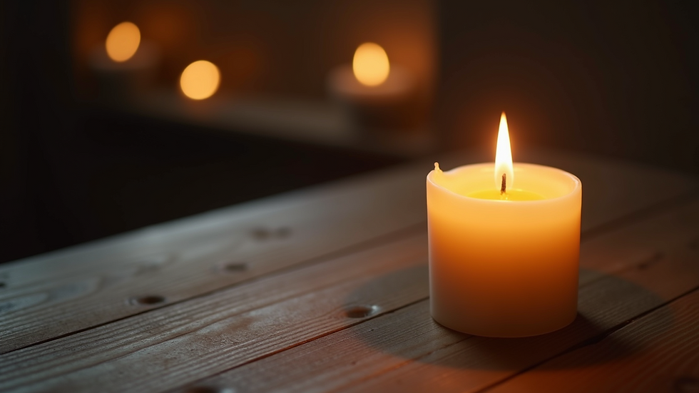 High angle view of a lit candle on a wooden table symbolizing hope and spiritual light