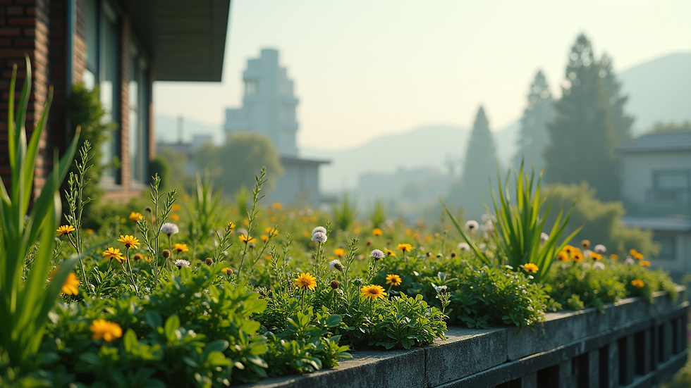 Eye-level view of a green roof with diverse plants and flowers