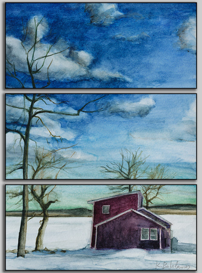 Thumbnail: Canvas Print, unframed, Multi Panel 1x3 | WC-05 / Red House by the Lake | K. Batalamas Art
