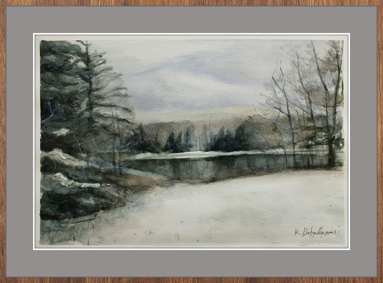 Fine-Art Paper Print, Framed, Walnut, Border Gray Dark, Front | WC-21 / Flat Bay Trees | K. Batalamas Art