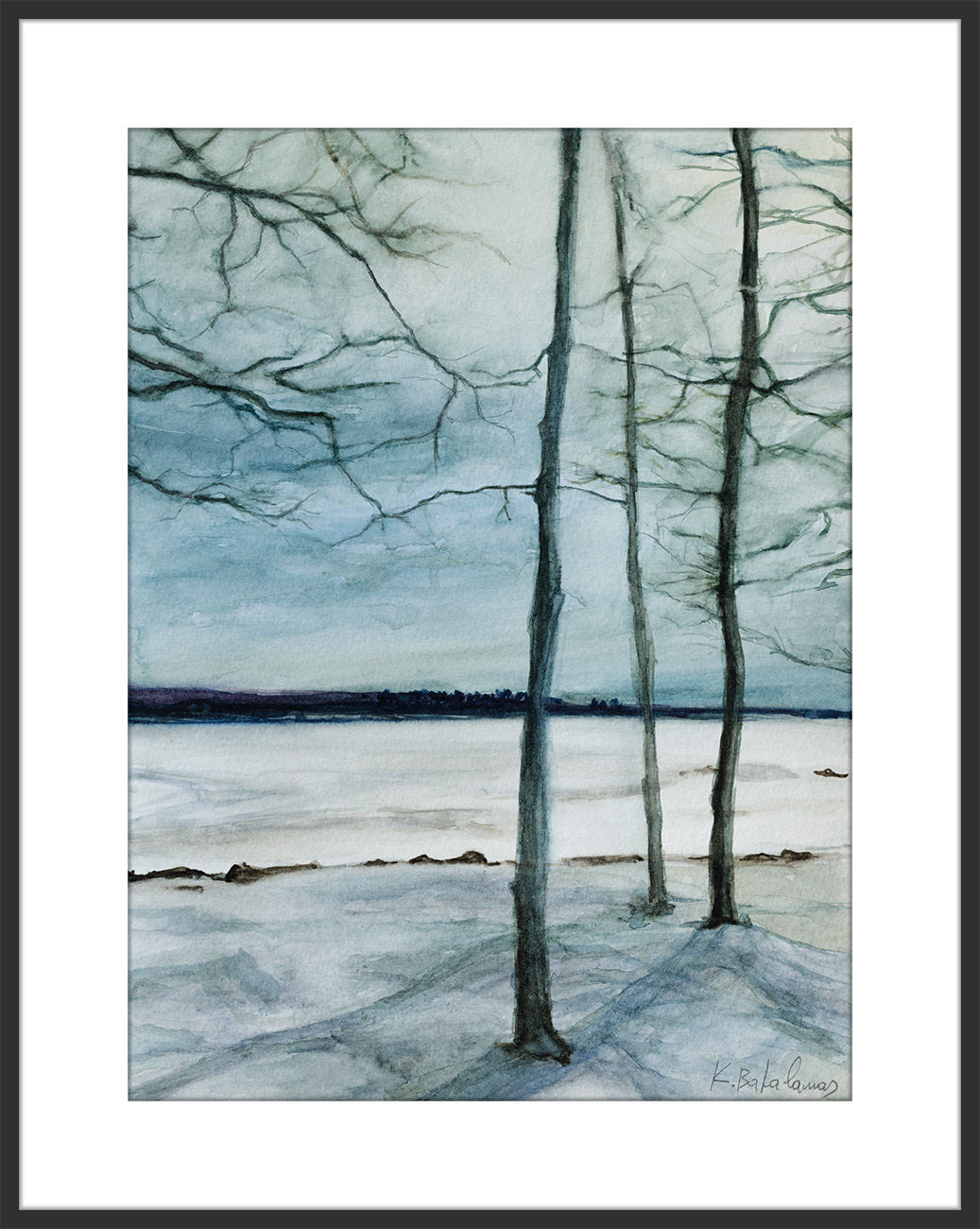 Original Watercolor Painting, Framed Black Matt | WC-08 / Three Trees by the Lake | K. Batalamas Art