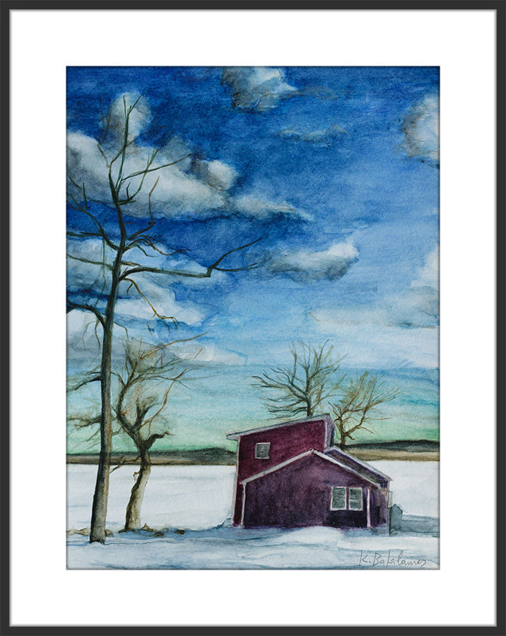 Thumbnail: Fine-Art Paper Print, Framed, Black Matte, Border White | WC-05 / Red House by the Lake | K. Batalamas Art