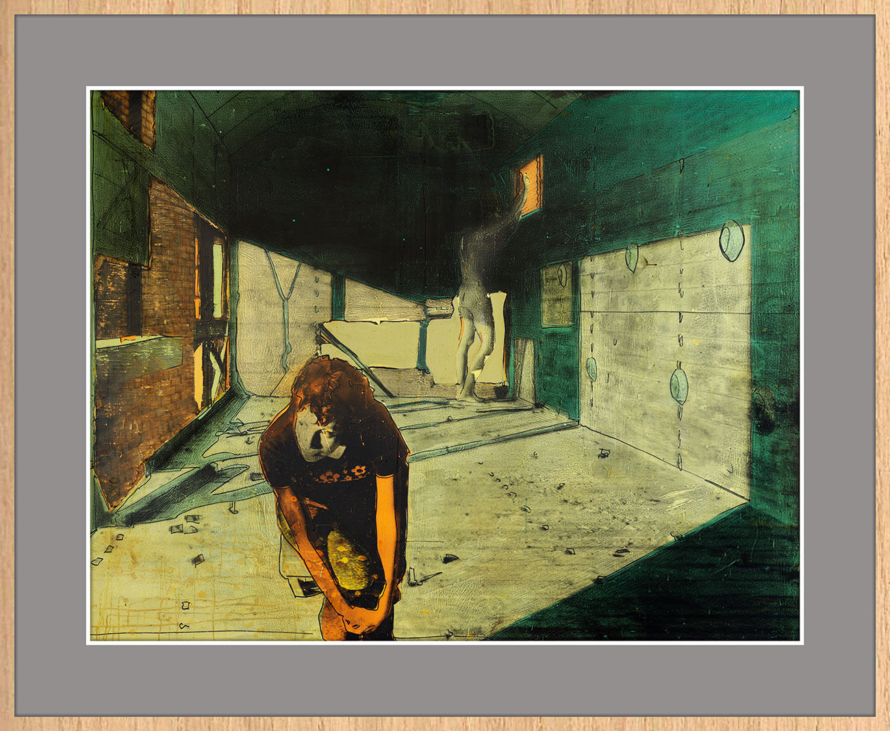 Fine-Art Paper Print, Framed Oak Natural, Border Gray Dark, Front | MX-12 / Nina and Giannis in Train Yard | K. Batalamas Art