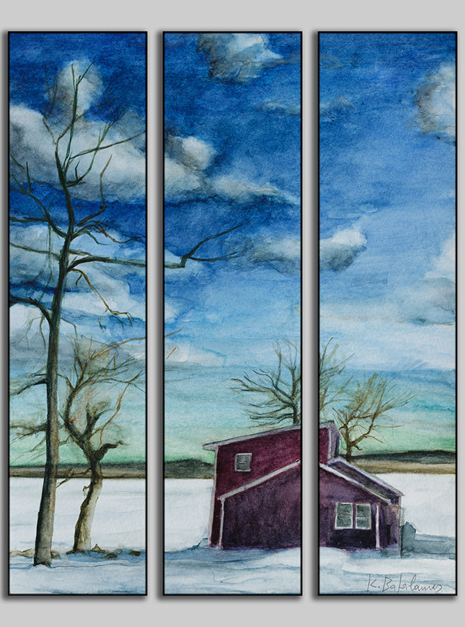 Thumbnail: Canvas Print, unframed, Multi Panel 3x1 | WC-05 / Red House by the Lake | K. Batalamas Art