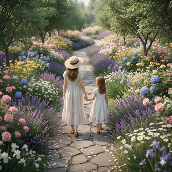 A mother walking with her daughter in the garden surrounded by flowers and lavenders. 