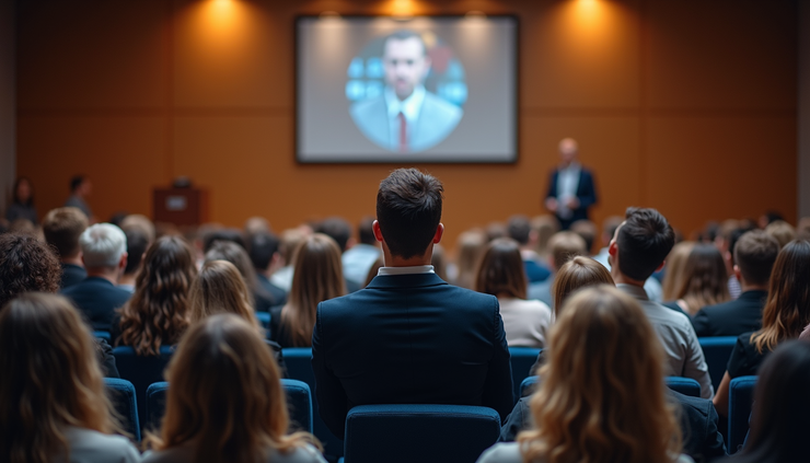 Eye-level view of a crowded seminar room filled with attendees focused on a speaker
