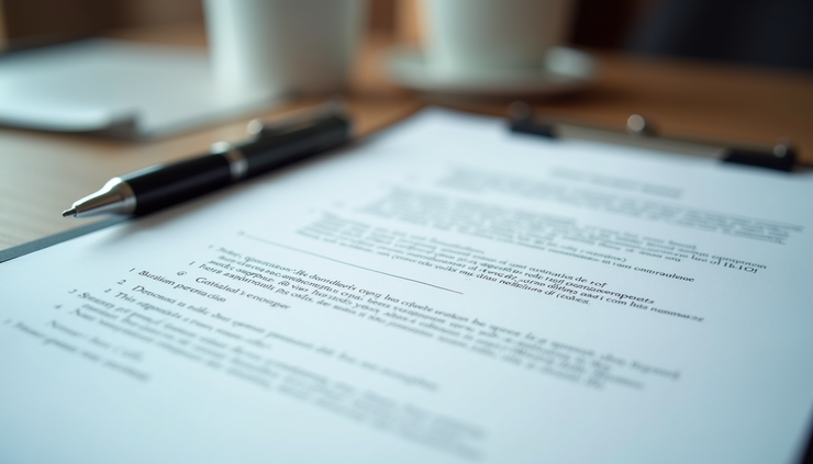 Close-up view of a contract document with fine print and a pen on a desk