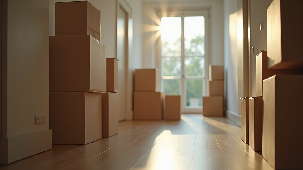 Close-up view of packed moving boxes stacked in a hallway