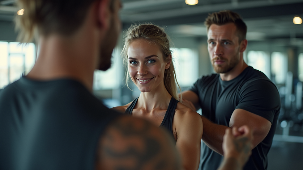 Eye-level view of a personal trainer guiding a client during a workout