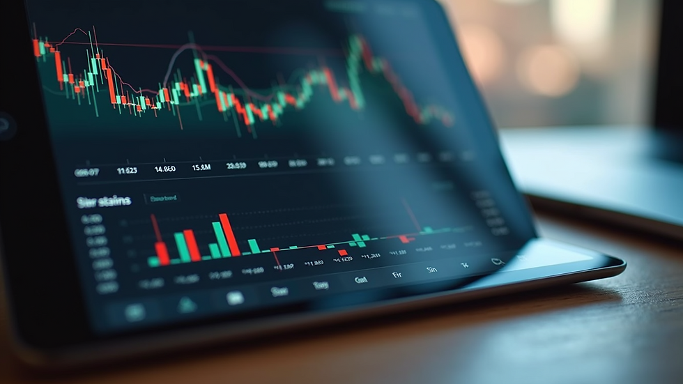 Close-up view of a modern tablet displaying cryptocurrency charts and analysis.