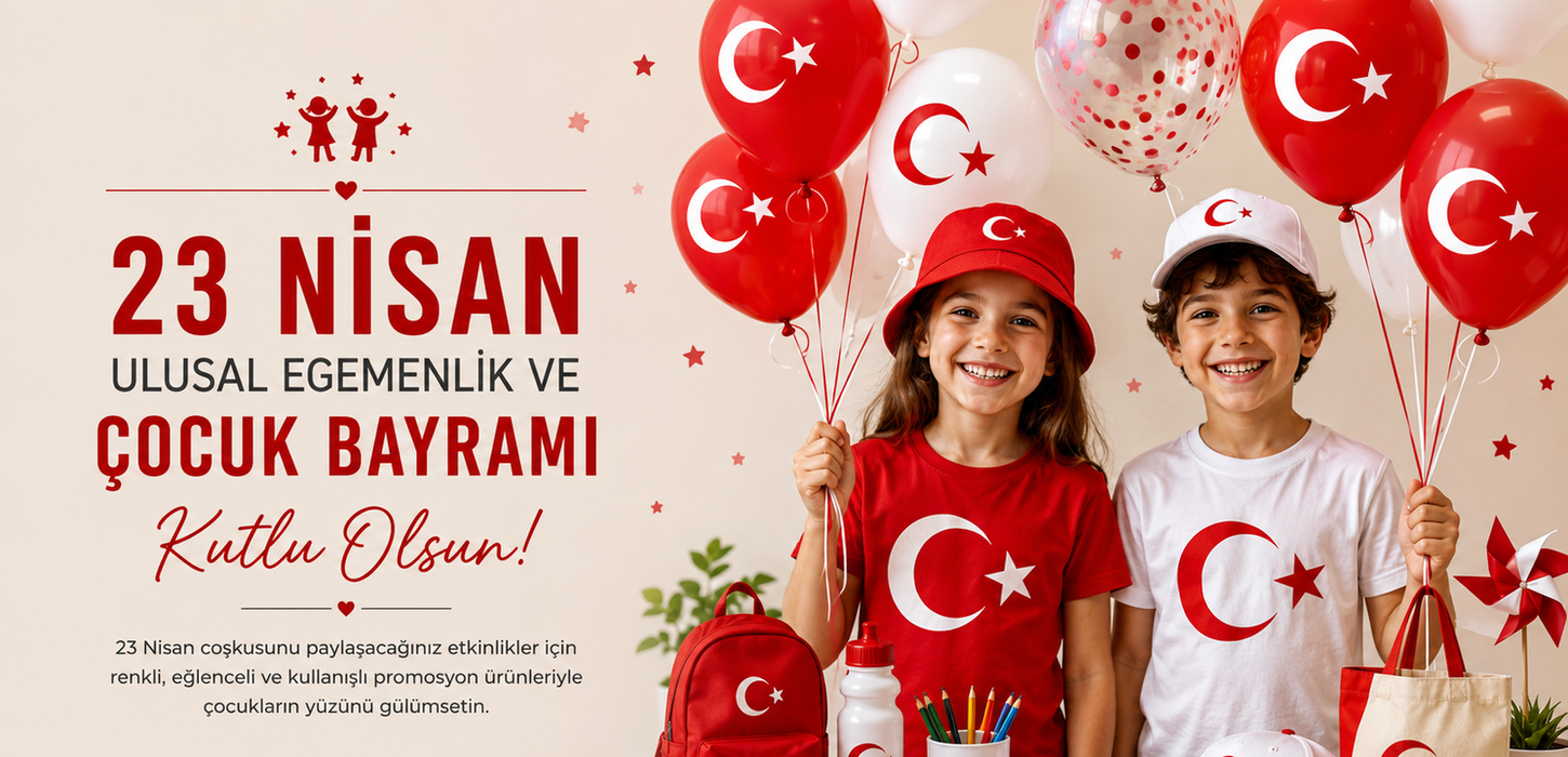23 Nisan Ulusal Egemenlik ve Çocuk Bayramı için kırmızı beyaz tişört, şapka, balon, sırt çantası, matara, bez çanta ve çocuklara özel promosyon ürünleri.