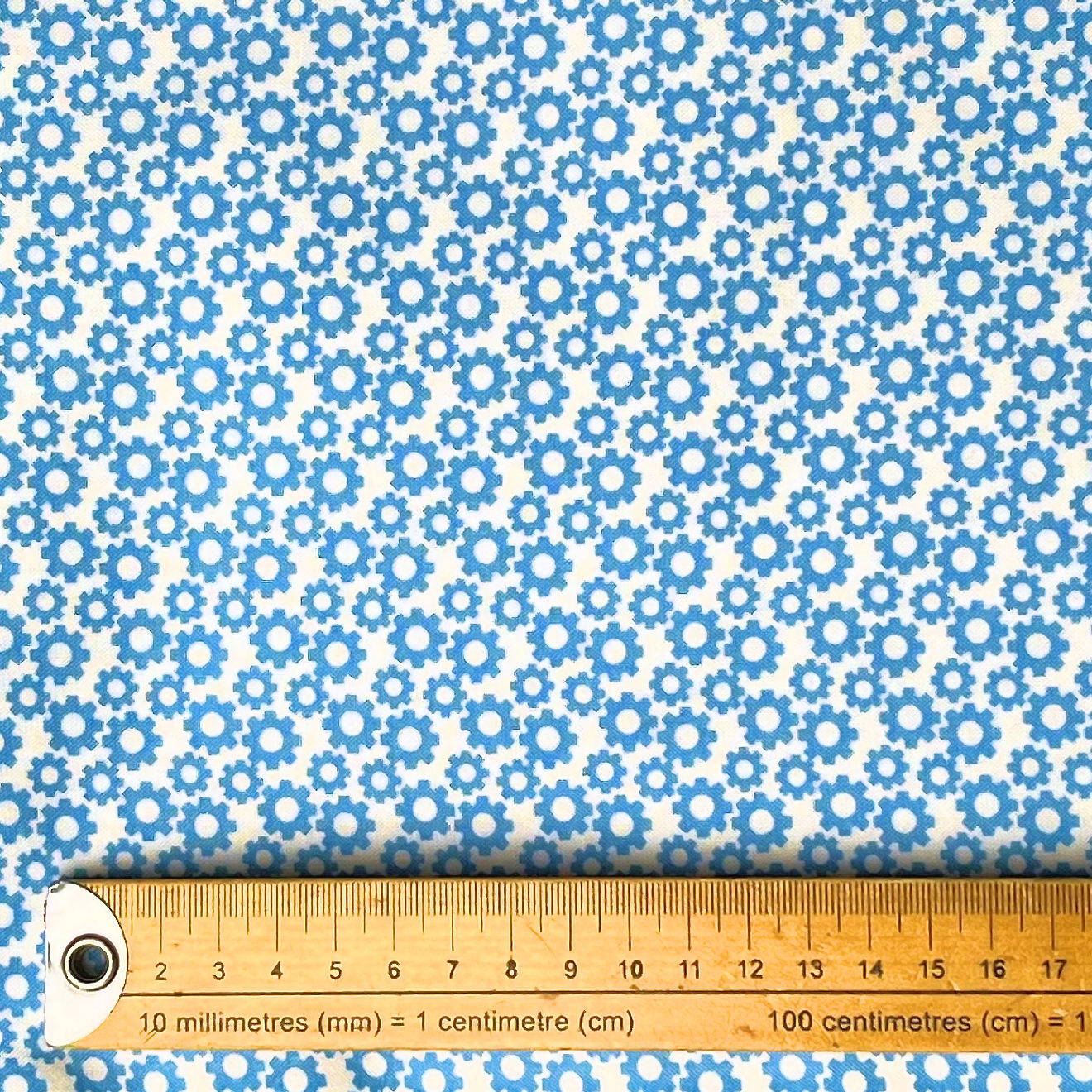 Fabric Freedom - Construction Cogs on Blue REMNANT 296cm x 110cm