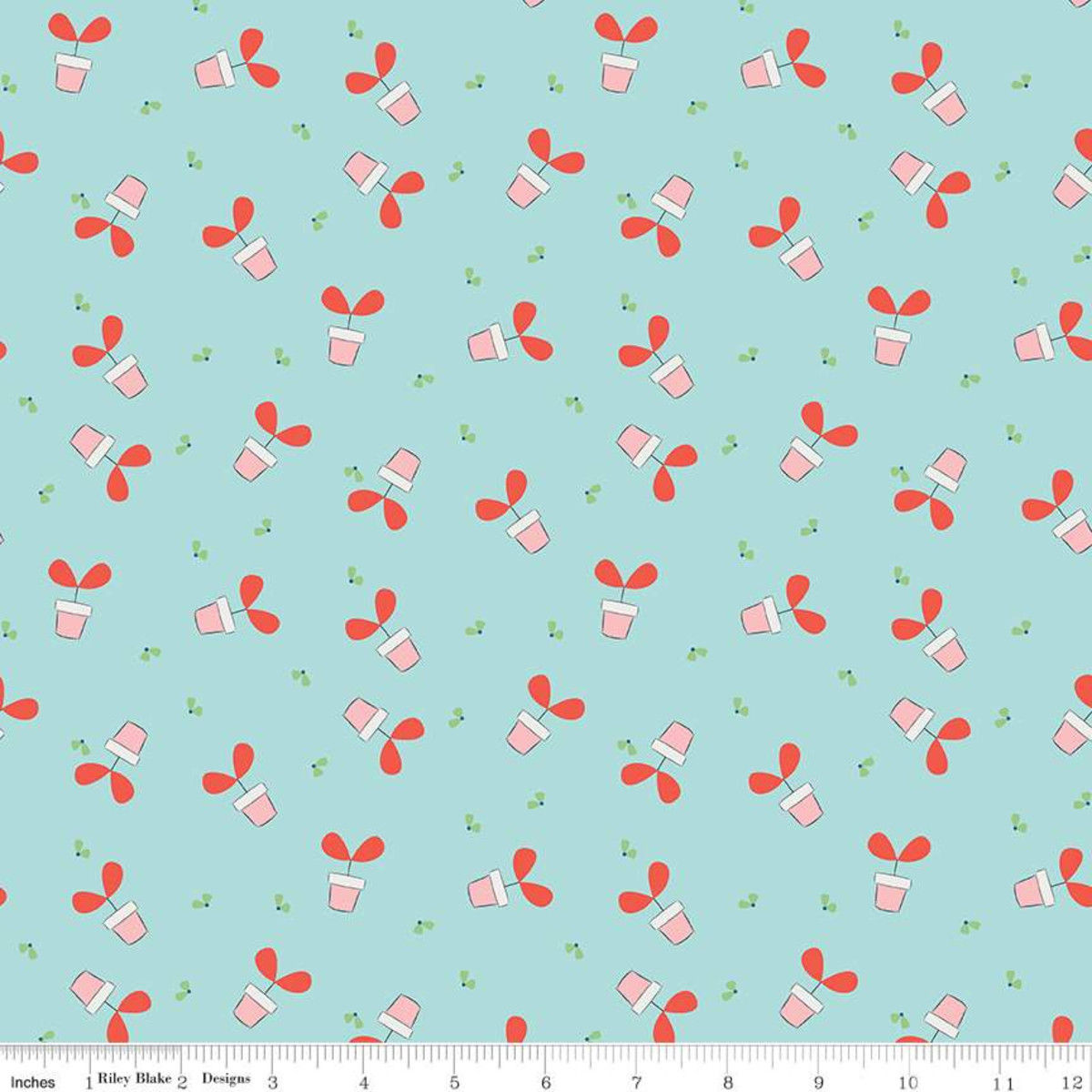 Riley Blake - Hubert and Sorrel - Seed Pots on Blue - REMNANT 14cm x 110cm