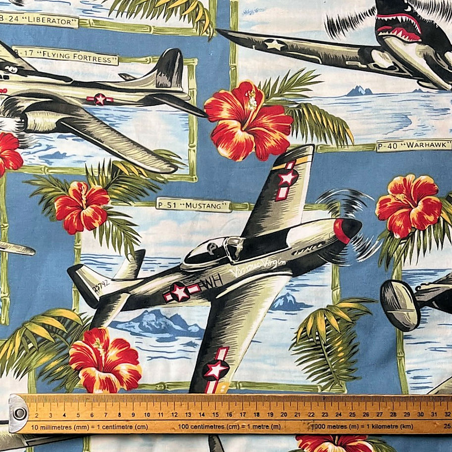 Hoffman Fabrics - Vintage Planes Hawaiian Shirt - REMNANT 145cm x 110cm